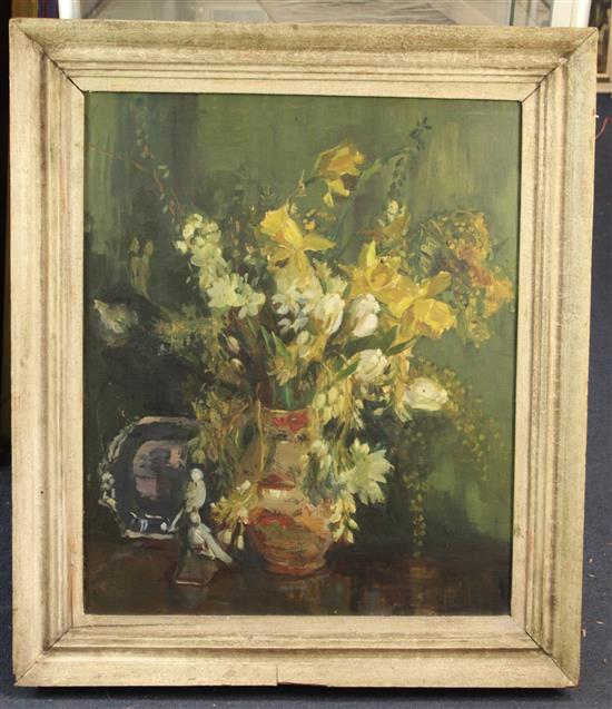 Violet McDougall (Exh. 1926-40) Still life of black flowers in a pottery jug 24 x 20in.